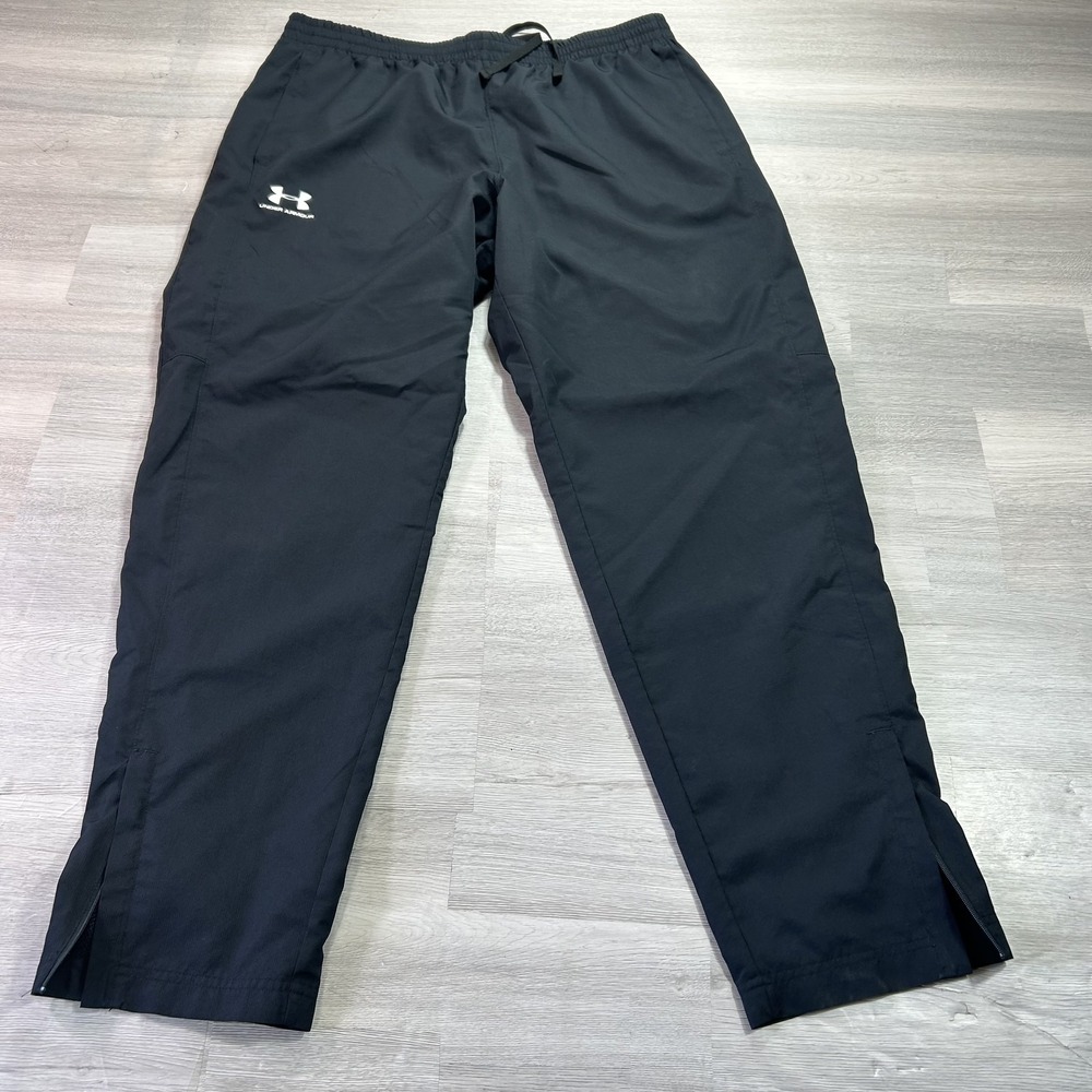 Under Armour Track Pants Mens XL Black Woven Lined Zip Hem Loose Fit Athletic
